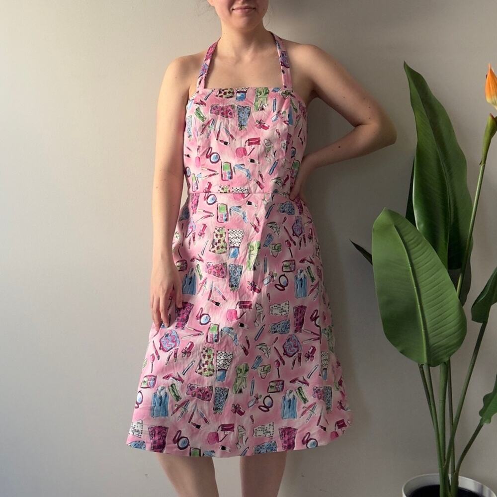 Vintage 90s–2000s Danny & Nicole Pink Patterned Halter Dress Girly Makeup Print